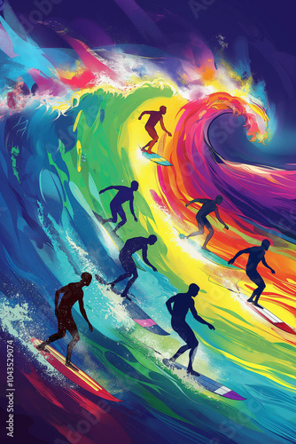 People surfing on colorful waves