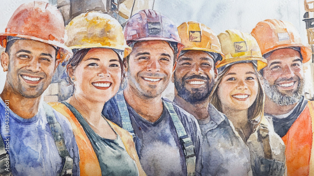 Watercolor painting of a group of smiling construction workers.