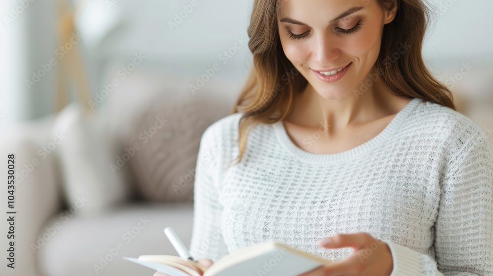A smiling woman engages with a notebook in a cozy indoor setting, reflecting a moment of creativity and inspiration. A smiling woman engages with a notebook in a cozy indoor setting, reflecting a moment of creativity and inspiration.