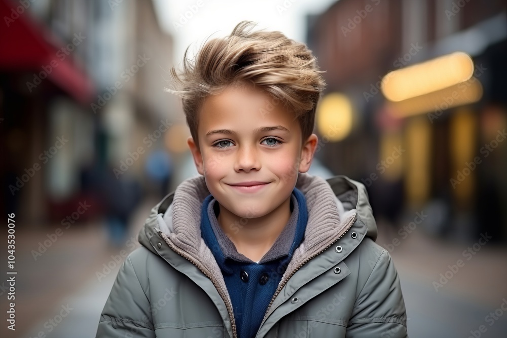 Portrait of a cute smiling boy in a city street, outdoor shot Portrait of a cute smiling boy in a city street, outdoor shot