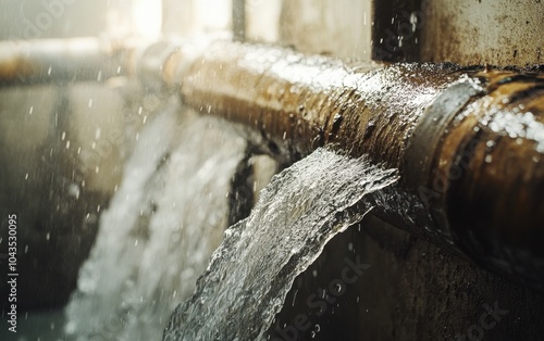 A closeup of a burst pipe in an industrial setting, with water forcefully gushing out, representing the critical urgency of water damage repair