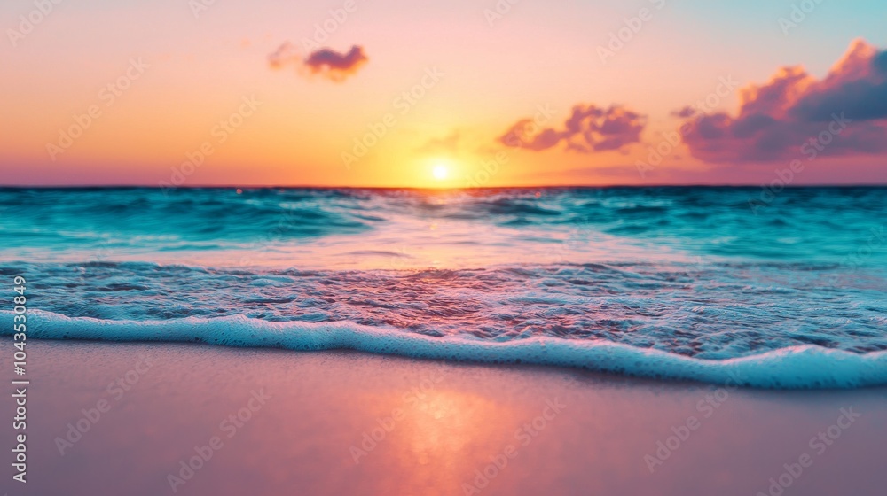 Fototapeta premium Ocean Waves Crashing on Sandy Beach at Sunset