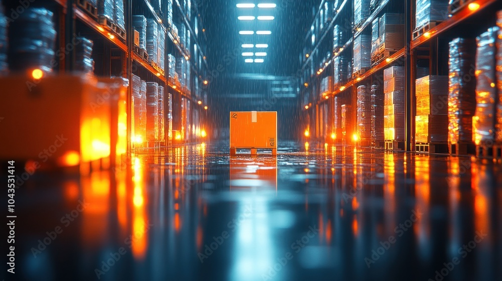 A single cardboard box sits on a pallet in the middle of a dark warehouse aisle with rows of shelves on both sides and bright orange lights reflecting off the wet floor. A single cardboard box sits on a pallet in the middle of a dark warehouse aisle with rows of shelves on both sides and bright orange lights reflecting off the wet floor.