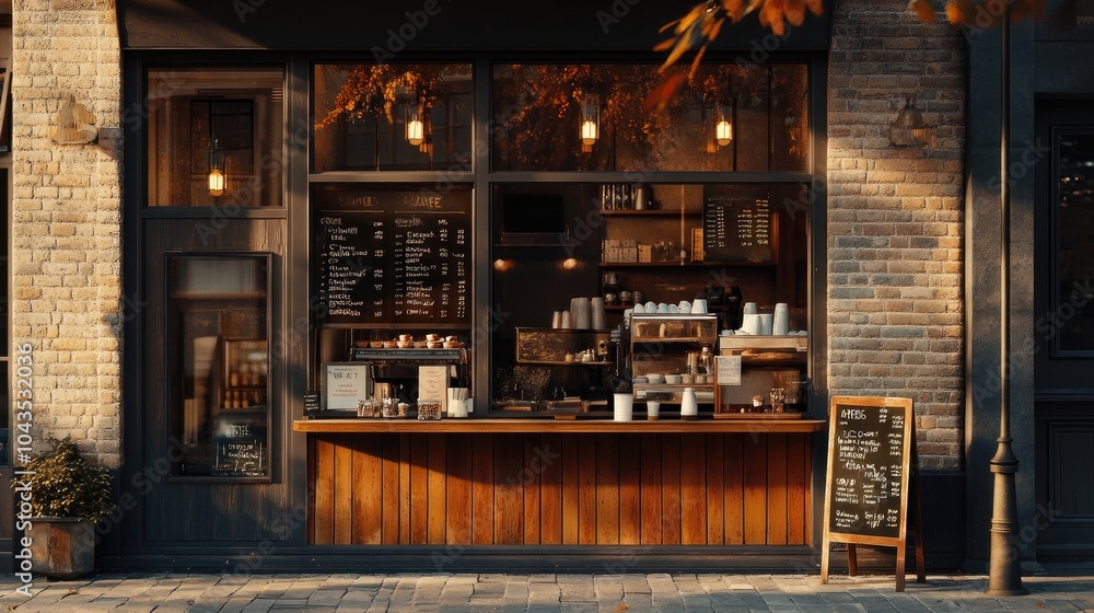 Storefront with large window, modern cafe in the city. Storefront with large window, modern cafe in the city.