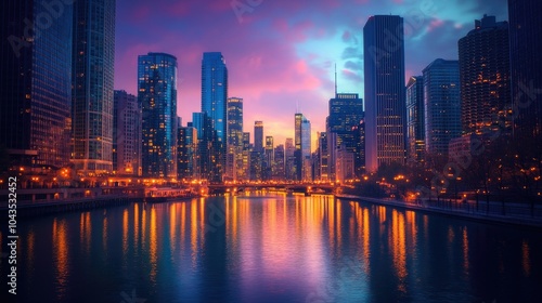 Urban skyline at twilight, with glowing skyscrapers reflecting in a calm river, showcasing a vibrant city life under a dusky sky.