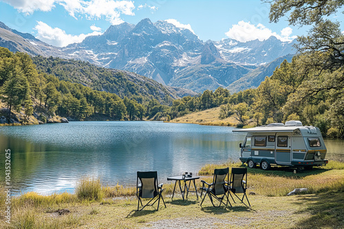 Serene lakeside camping with caravan and majestic mountain view photo