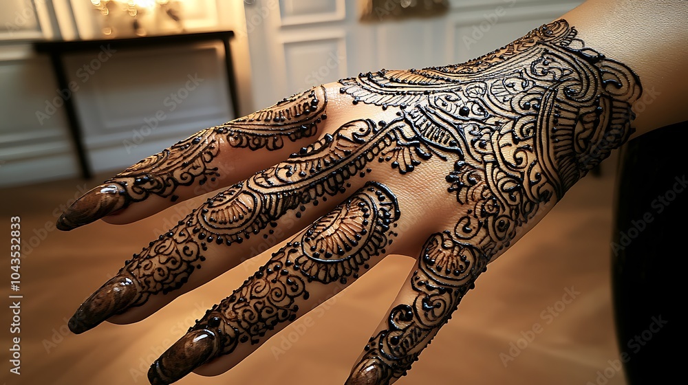 Obraz premium A classic henna tattoo featuring intricate paisley patterns cascading down the fingers and wrist, each paisley filled with detailed linework and dots, the design highlighted by soft ambient lighting,