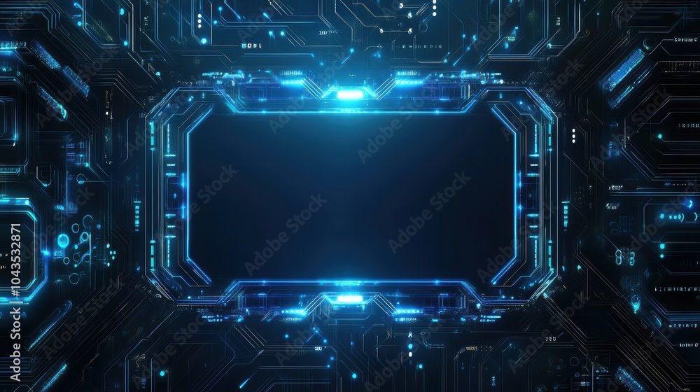 A blue-toned futuristic tech background with circuit patterns and glowing lines, emphasizing AI and digital connectivity. Borders have intricate designs, leaving a blank center for text. 