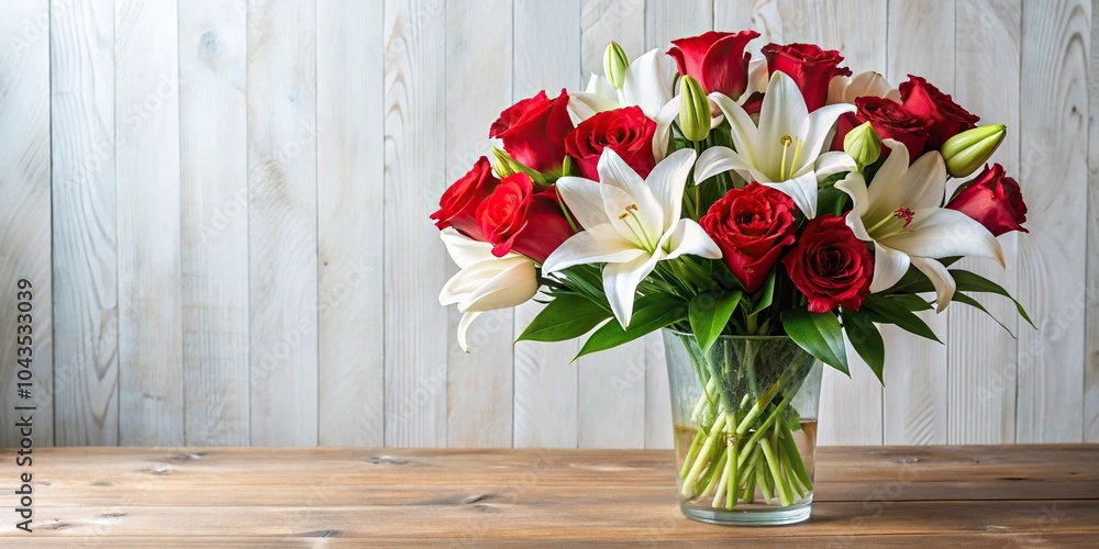 A bouquet of long-stemmed red roses with greenery and some white lilies arranged in a elegant vase, vases, floral gifts A bouquet of long-stemmed red roses with greenery and some white lilies arranged in a elegant vase, vases, floral gifts