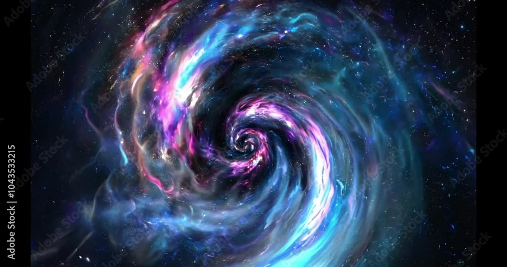 A swirling cosmic nebula with vibrant colors of pink, blue, and orange against a backdrop of scattered stars. A swirling cosmic nebula with vibrant colors of pink, blue, and orange against a backdrop of scattered stars.