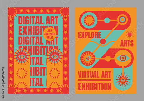 Colorful psychedelic digital art exhibition posters with bold text and geometric designs. Virtual art exhibition features vibrant digital art. Psychedelic retro poster template vectors.