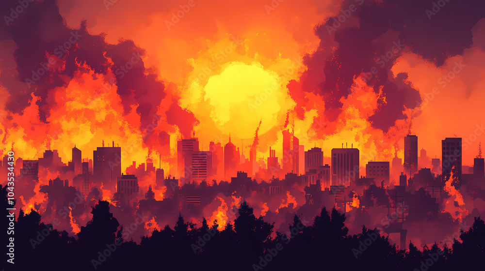 A city engulfed in flames with a blazing sunset in the background. the cityscape is silhouetted against the inferno, with smoke billowing into the sky. Blazing Sunset. Illustration A city engulfed in flames with a blazing sunset in the background. the cityscape is silhouetted against the inferno, with smoke billowing into the sky. Blazing Sunset. Illustration