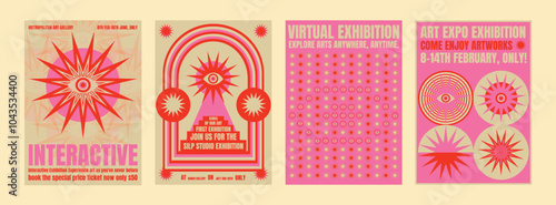 Colorful exhibition posters with bold, interactive designs. Art exhibition features vibrant, interactive elements. Interactive styles, and bold colors. Psychedelic retro poster template vectors.