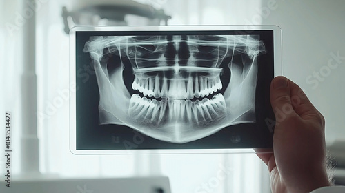 Dentist's hand holding dental x-ray for oral health diagnosis. Close-up of dental x-ray showing jaw and teeth structure. photo