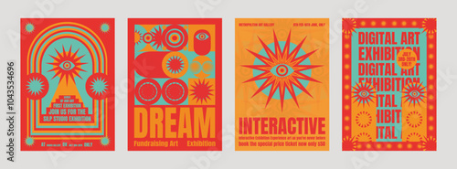 Colorful digital art exhibition posters with bold text and abstract designs. Art exhibition highlights digital art, interactive elements, and vibrant colors. Psychedelic retro poster template vectors.