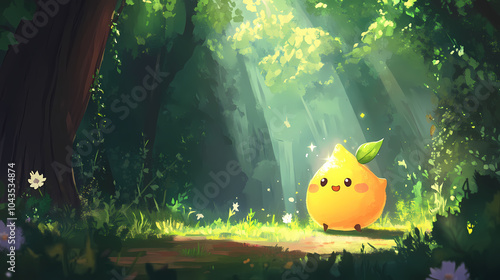 A cute lemon-shaped star, radiating with energy and joy in the bright sunlight of an enchanted forest glade. Enchanted Glade. Illustration photo