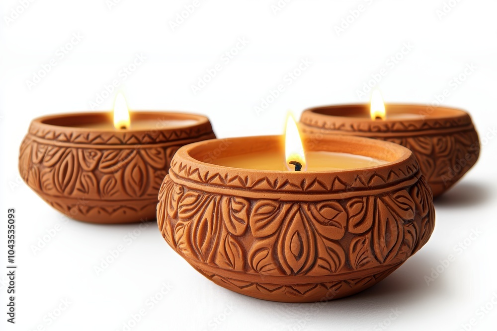 Three candles in a bowl with a design on it Three candles in a bowl with a design on it