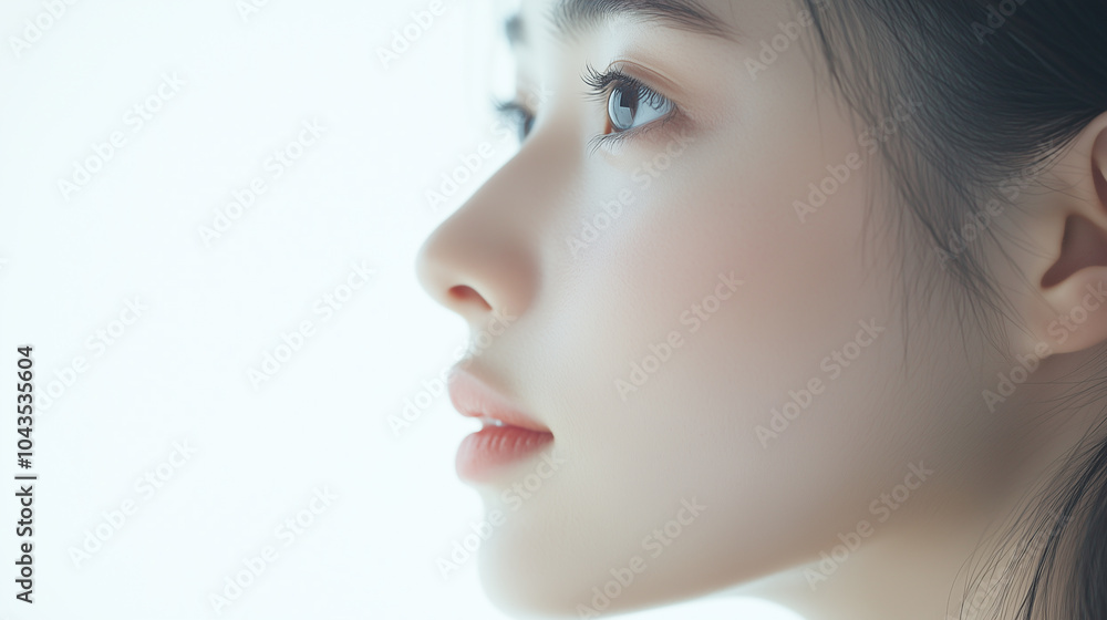 若くてかわいいアジア人女性モデル。ナチュラルで肌が綺麗な横顔のショット。美容ポートレート。 若くてかわいいアジア人女性モデル。ナチュラルで肌が綺麗な横顔のショット。美容ポートレート。