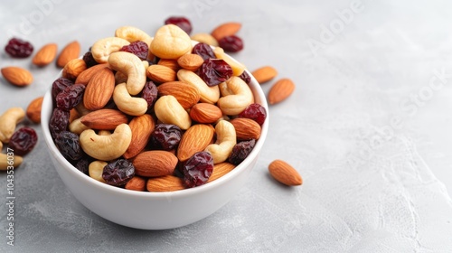 A bowl filled with a mix of nuts and dried fruits, including almonds, cashews, and cranberries, resting on a light gray surface.