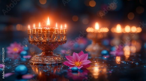 Soft candlelight reflecting on a golden menorah, with colorful dreidels scattered around the base, photorealistic photo