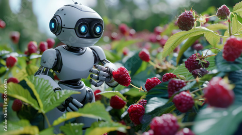 An android robot with a high-performance glowing visor behind a raspberry harvest. Concept of integrating advanced technology into agriculture photo