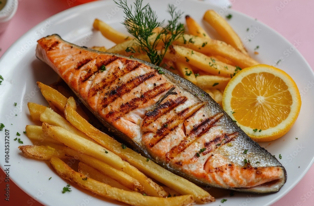 Delicious fish and french fries in the center of the platter. Delicious fish and french fries in the center of the platter.