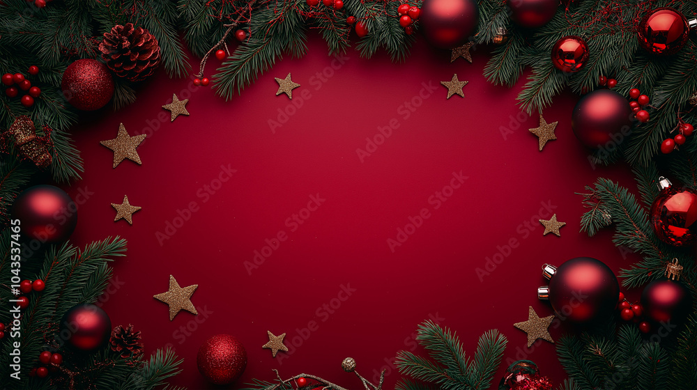 Festive Christmas frame with ornaments and pinecones on a bright red background Festive Christmas frame with ornaments and pinecones on a bright red background