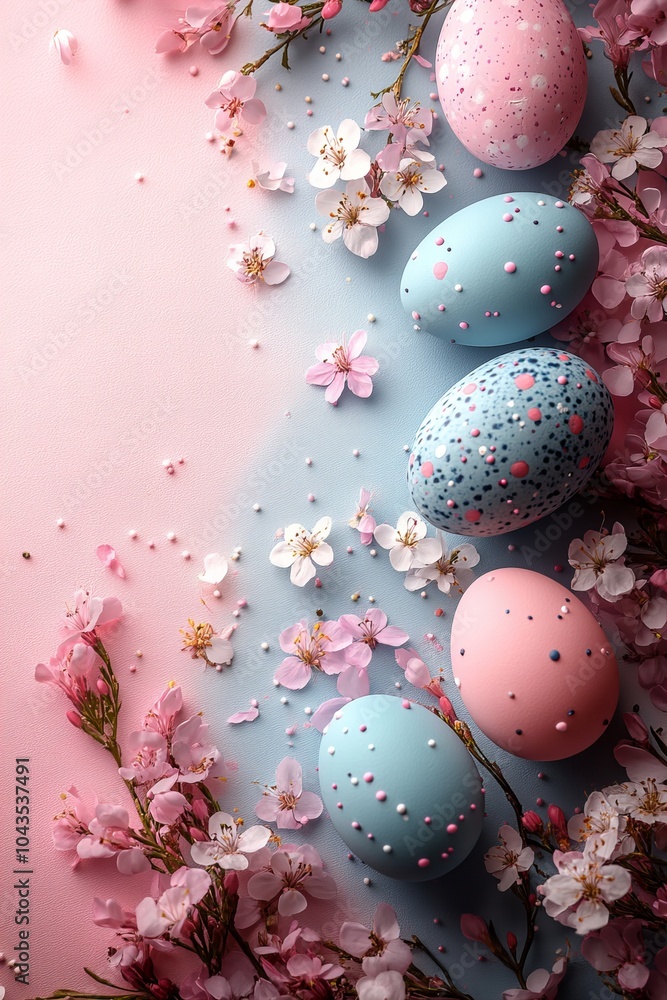 Colorful easter eggs and cherry blossom arrangement on pastel background Colorful easter eggs and cherry blossom arrangement on pastel background