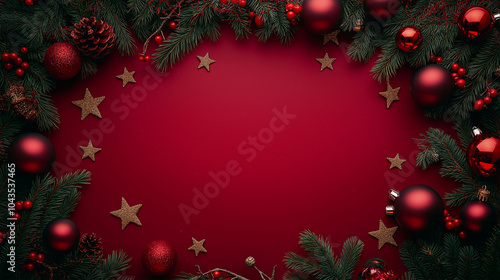 Festive Christmas frame with ornaments and pinecones on a bright red background