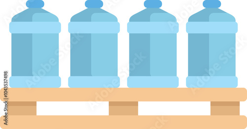 Four big plastic water bottles standing on wooden pallet ready for shipping and delivery
