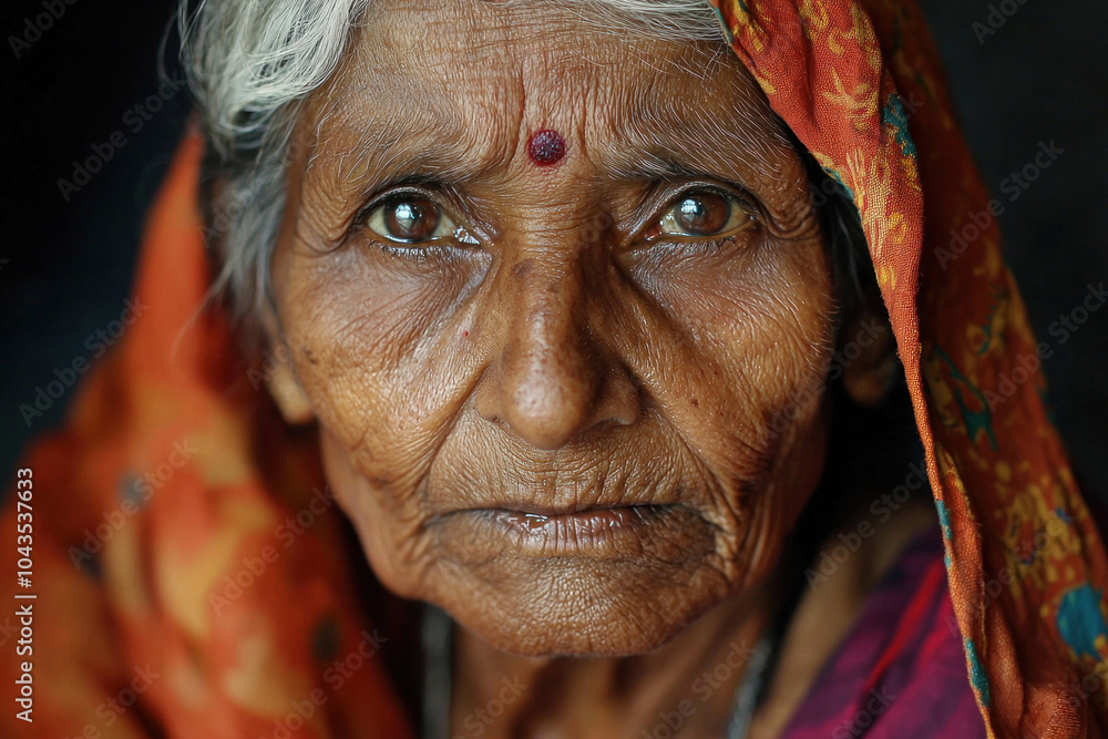 Elderly woman in traditional attire gazes with wisdom and resilience in her eyes, captured in vibrant colors Elderly woman in traditional attire gazes with wisdom and resilience in her eyes, captured in vibrant colors