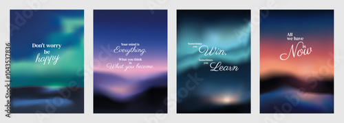 Inspirational posters with quotes on dreamy. Motivational words on serene, abstract designs. Uplifting messages on tranquil, blurred scenes. Sunset sky inspirational quote poster template vectors.