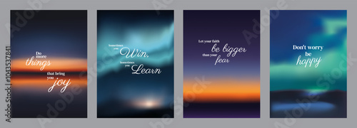 Inspirational posters with motivational quotes. Blurred backgrounds in blue and orange. Uplifting words encourage joy, learning, and happiness. Sunset sky inspirational quote poster template vectors.