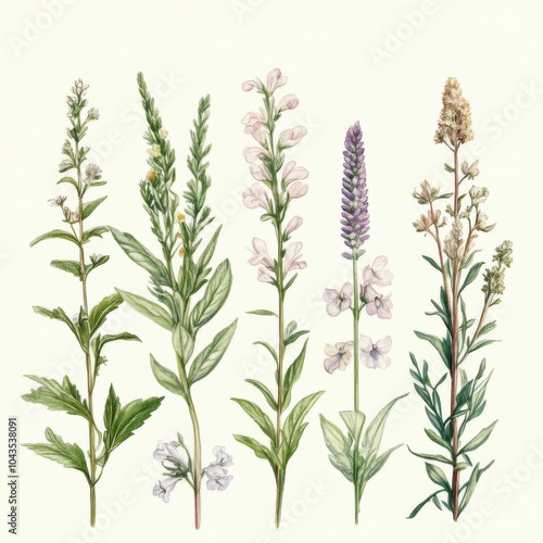 Watercolor herb and flower illustrations in an oldworld botanical style,