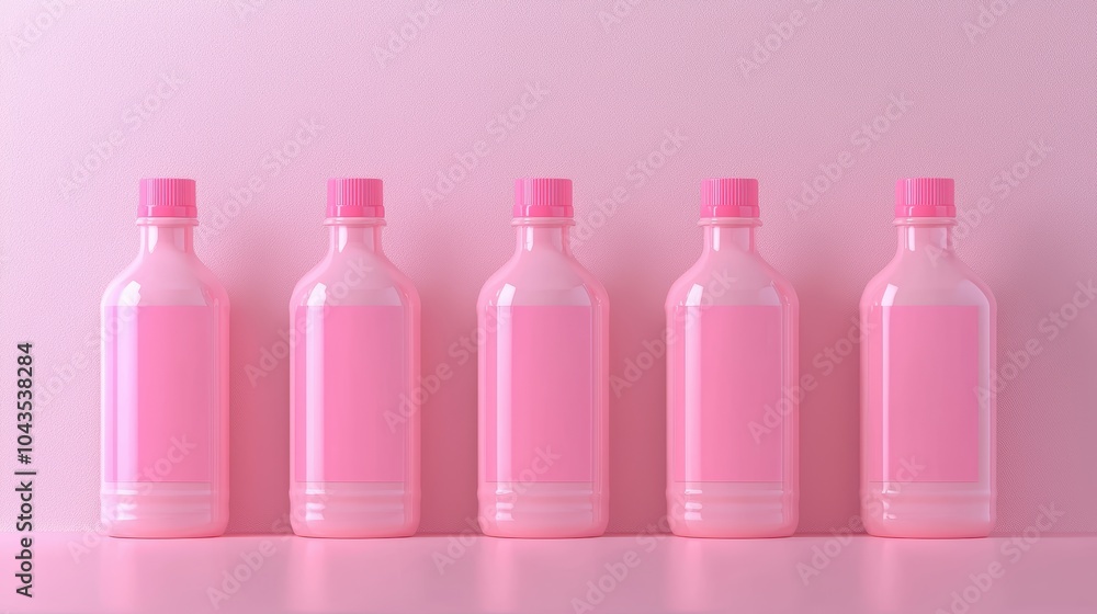 A row of five pink bottles with a pink label A row of five pink bottles with a pink label