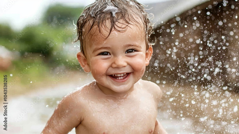 Obraz premium Happy Little Boy Playing in the Rain Smiling and Laughing