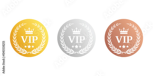 Vip label, badge or tag. Vip icons with crown and stars. Round label with three vip level in gold, silver and bronze color.