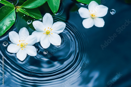 White flowers floating on calm water with ripples created by falling droplets during a serene moment in nature