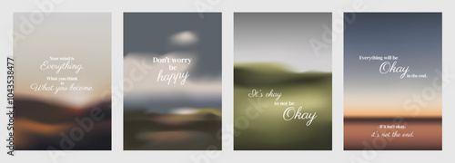 Four motivational posters and uplifting quotes. Each poster features calming colors and positive messages for encouragement and hope. Aesthetic inspirational quote poster template vectors.