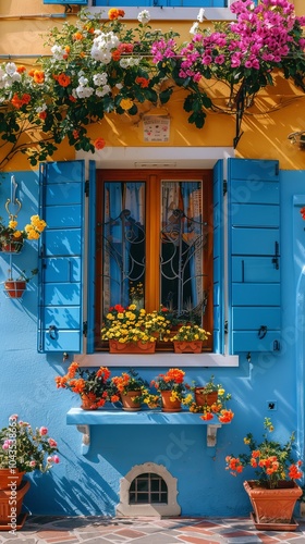 Building With Blue Shutters and Flowered Windows