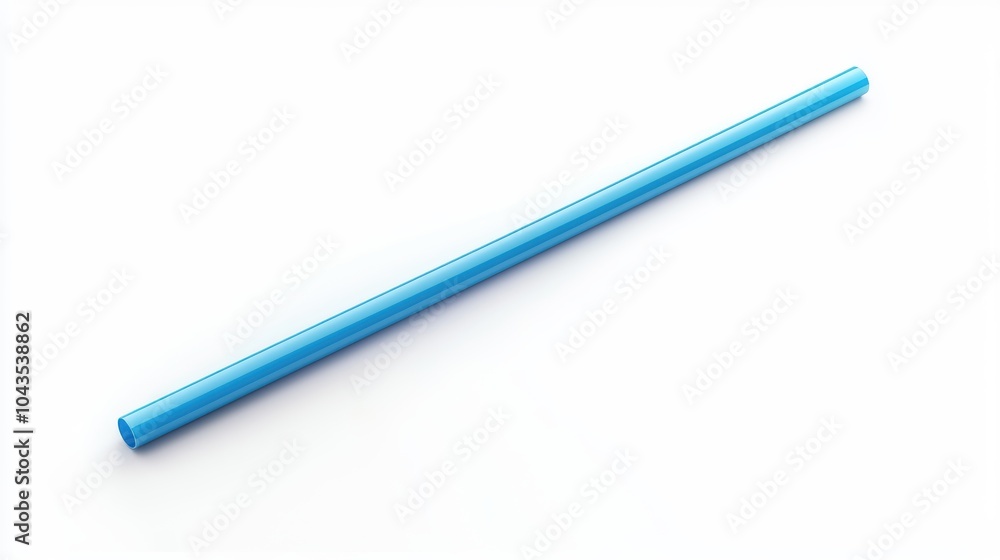A blue plastic straw is laying on a white background A blue plastic straw is laying on a white background