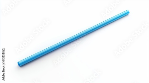 A blue plastic straw is laying on a white background