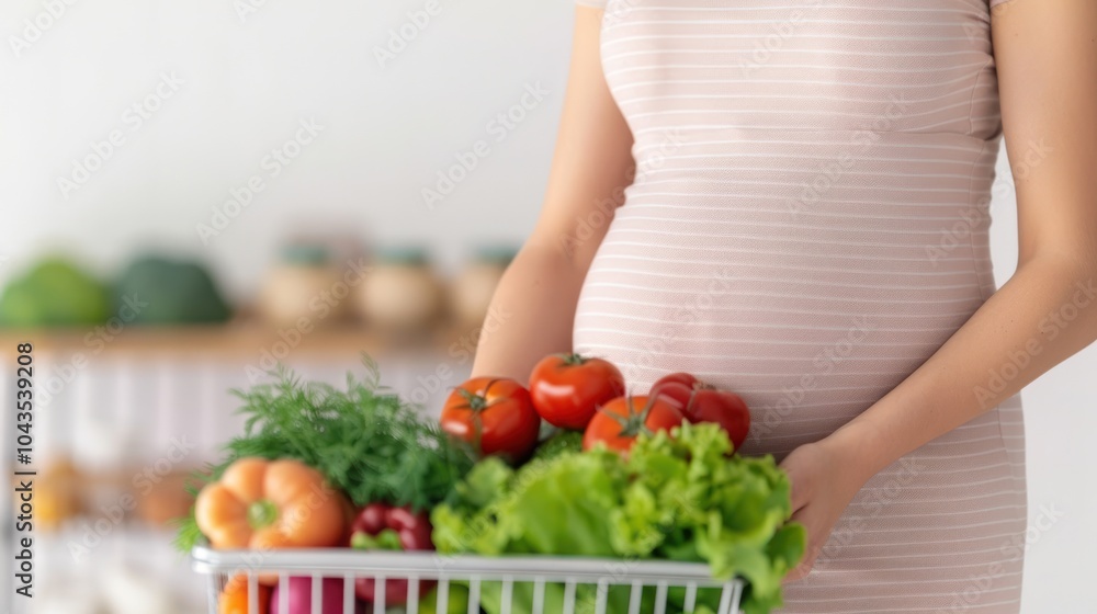 A pregnant woman holds a shopping basket filled with fresh vegetables and fruits, promoting healthy eating during pregnancy.