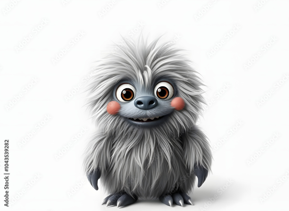 Cheerful fluffy gray monster on a light gray background. Joyful and soft little monster. Charming yeti. Halloween character. Cheerful fluffy gray monster on a light gray background. Joyful and soft little monster. Charming yeti. Halloween character.