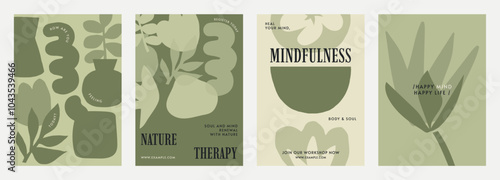 Mindfulness poster vector template set in green. Wellness and health with focus on mindfulness and gratitude. Green poster templates with organic shapes. Green mindfulness poster vectot temaplate set. photo