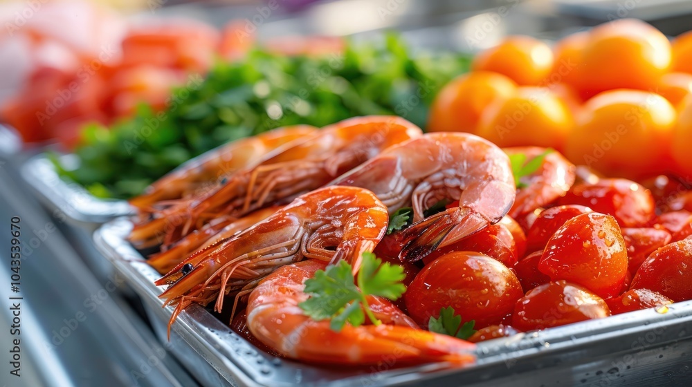 A vibrant display of fresh shrimp, ripe tomatoes, and green herbs, showcasing seafood and vegetable harmony at a market. A vibrant display of fresh shrimp, ripe tomatoes, and green herbs, showcasing seafood and vegetable harmony at a market.