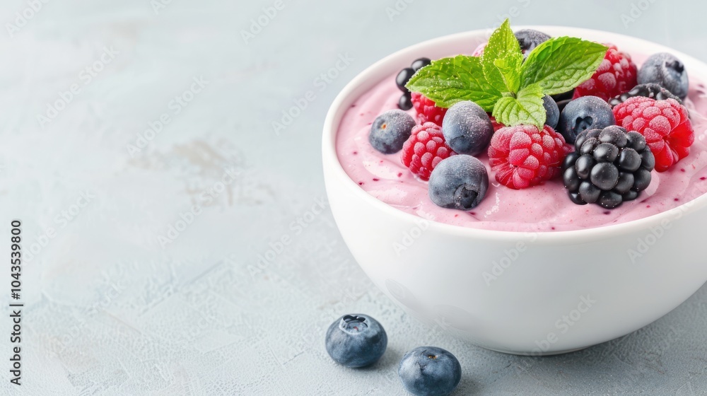 A bowl of creamy yogurt topped with vibrant berries and fresh mint, set against a soft gray background, highlighting a delicious and healthy treat. A bowl of creamy yogurt topped with vibrant berries and fresh mint, set against a soft gray background, highlighting a delicious and healthy treat.