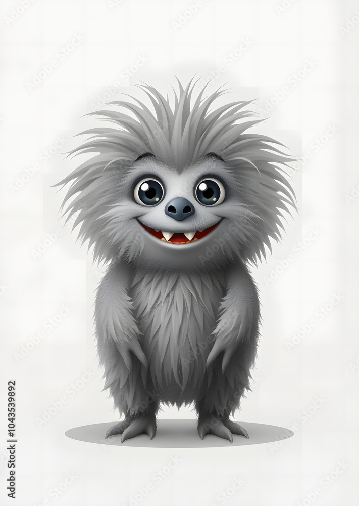 Fototapeta premium Cheerful fluffy gray monster on a light gray background. Joyful and soft little monster. Charming yeti. Halloween character.