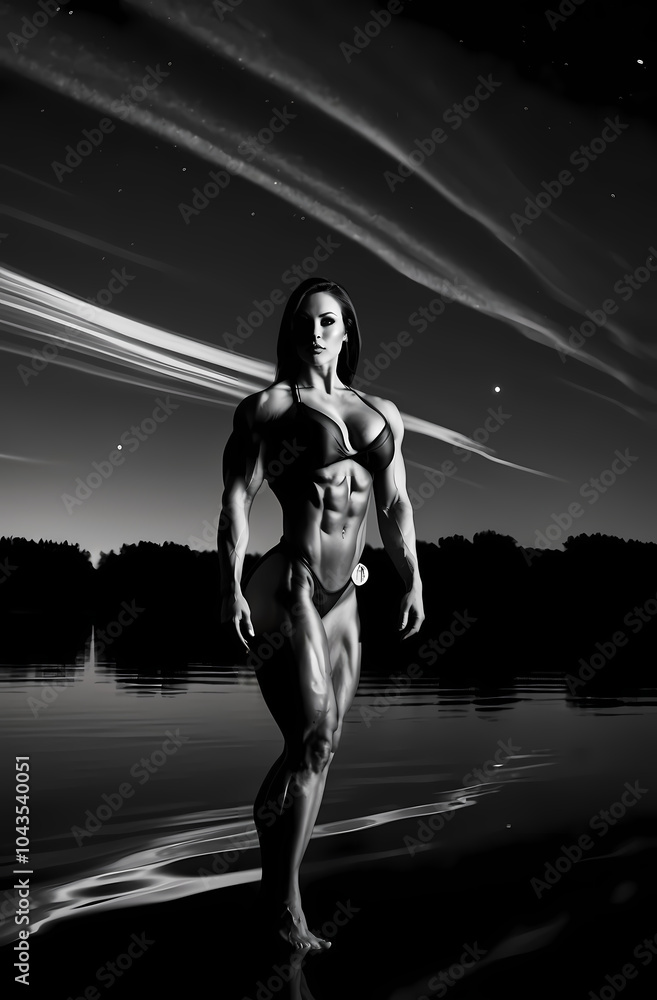 Fototapeta premium Dramatic Black And White Nighttime Portrait Of Female Bodybuilder With Streaked Clouds And Milky Way Reflection