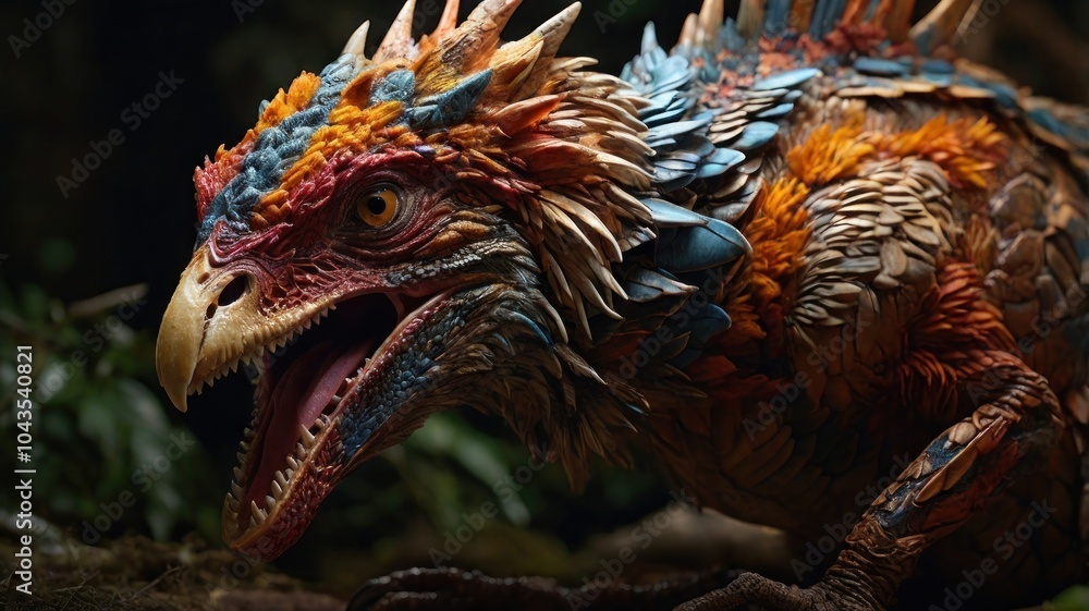 A close-up of a colorful, feathered, mythical creature with a sharp beak and large eyes A close-up of a colorful, feathered, mythical creature with a sharp beak and large eyes